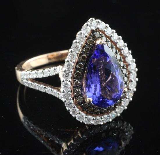 14 ct gold, tanzanite, 2 coloured dress ring